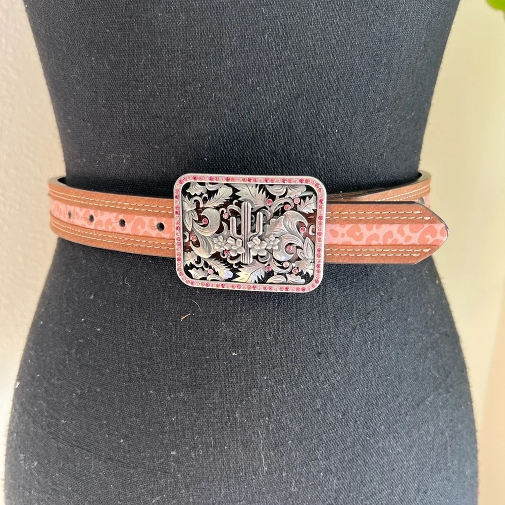 Catchfly Girl’s Silver Tone Pink Rhinestones Accent Cactus Floral Buckle Belt M